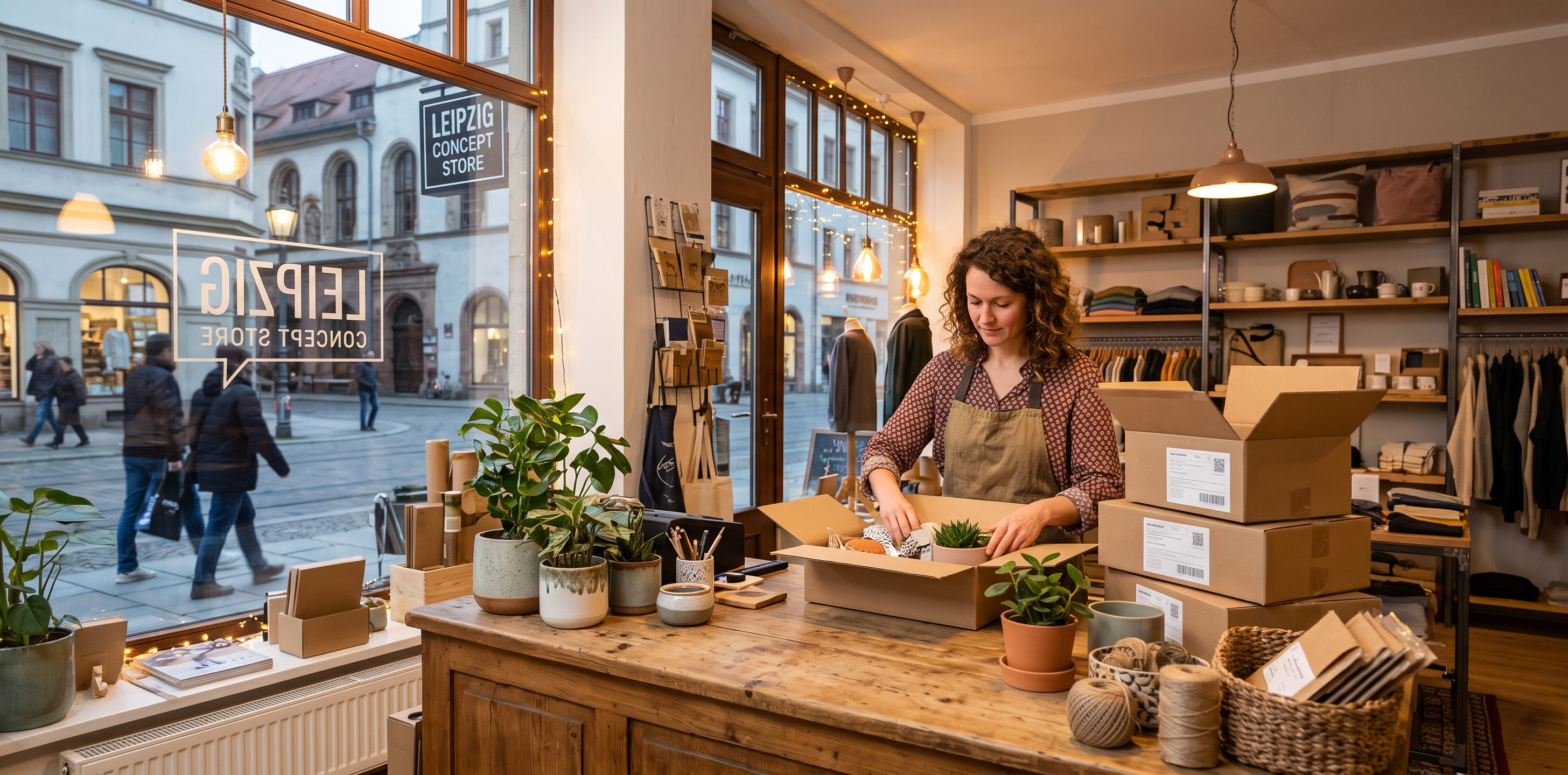 KI-Bild: Inhaberin eines Concept Stores packt eine Onlinebestellung