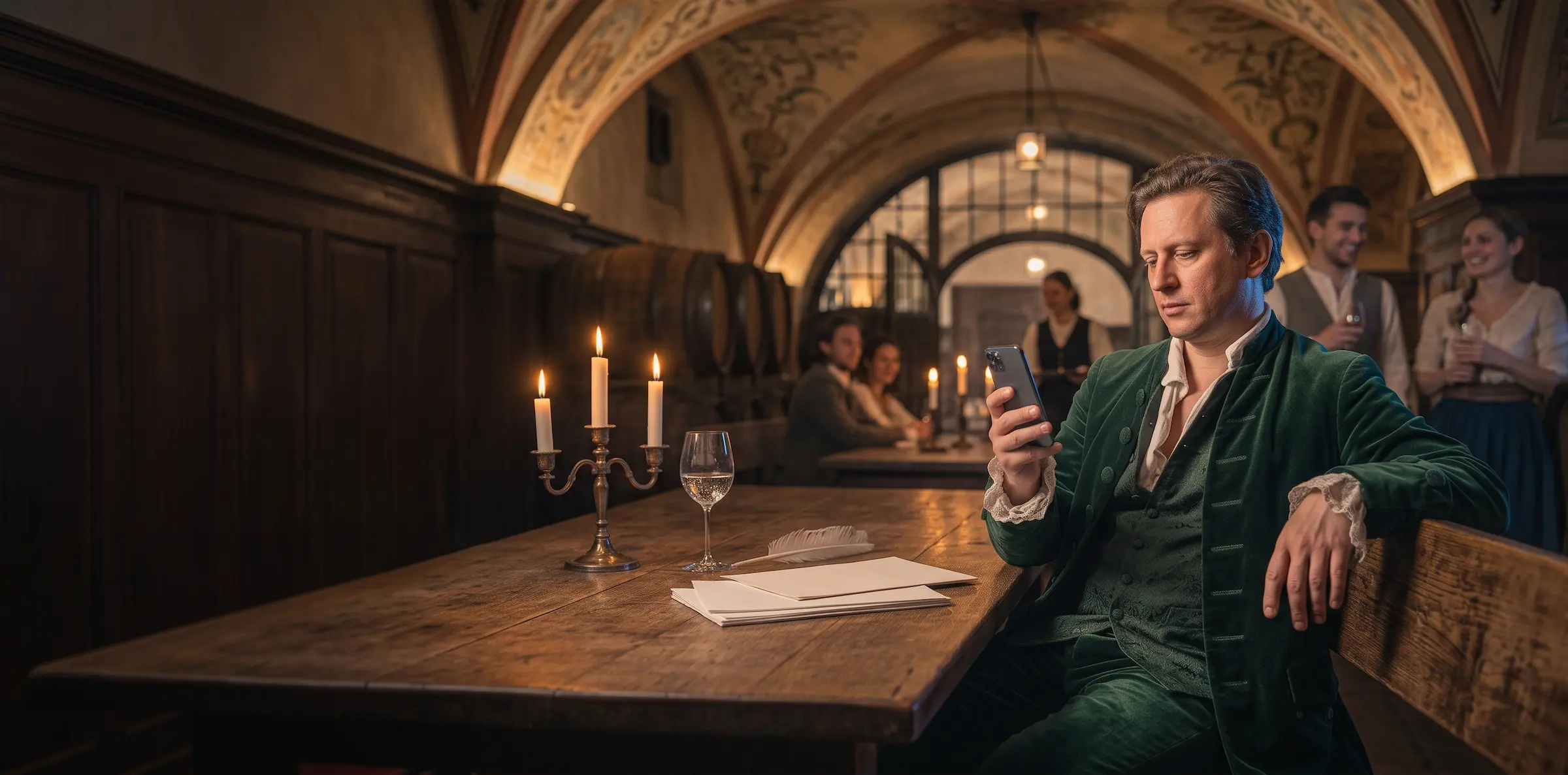 KI-Bild: Ein Mann als Goethe verkleidet scrollt in Auerbachs Keller gelangweilt auf seinem Smartphone